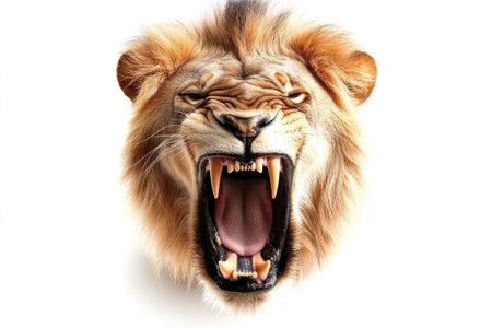 Close-up of a male lion roaring, showcasing its powerful teeth and tongue against a white backdropの素材