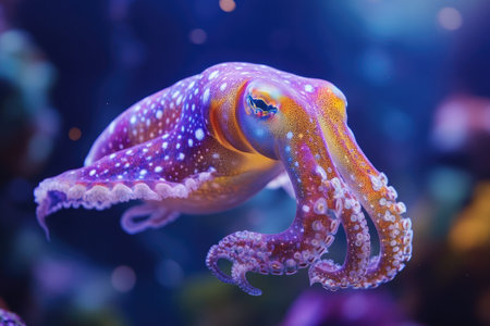 Close-up of a vibrant, patterned squid gracefully navigating the depths of a dark blue aquatic environmentの素材