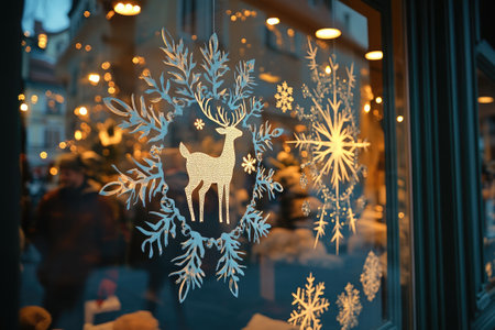 Christmas window display with reindeer and snowflake decorations, adding a touch of festive cheer to a shop during the holiday seasonの素材