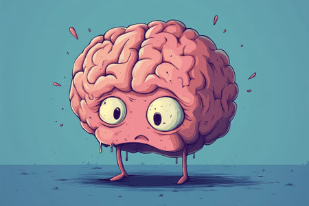 Sweating brain character representing stress, anxiety, and mental health issuesの素材