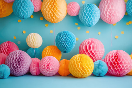 Festive honeycomb paper balls in various colors create a cheerful atmosphere against a blue backdrop adorned with confettiの素材