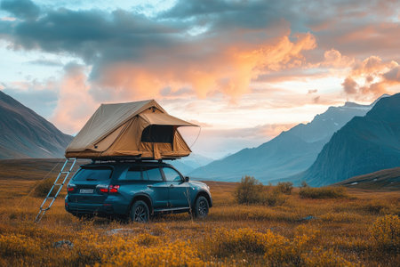 SUV camping in a wild landscape with rooftop tent at sunsetの素材