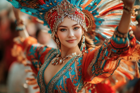 Young woman wearing vibrant headdress and traditional costume, dancing with graceful movementsの素材