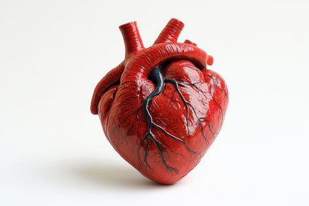 Highly detailed anatomical model of human heart resting on white background, perfect for medical or educational purposesの素材