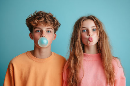 Two teenagers making playful faces against a blue backgroundの素材