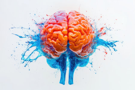 Orange and blue paint splattering on a human brain isolated on white background, representing mental health issuesの素材