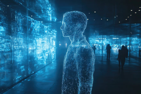 Hologram of businessman analyzing big data flow in smart city environmentの素材