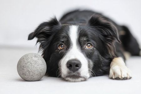 Border collie resting near a ball, after playing a fetching game, lying down on a white floorの素材