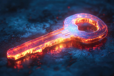 Transparent red glowing key rests on a dark surface, representing concepts of security, access, and solutionsの素材