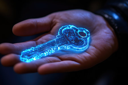 Open palm displaying glowing blue digital key, representing cybersecurity, data protection, and access control in virtual realmの素材