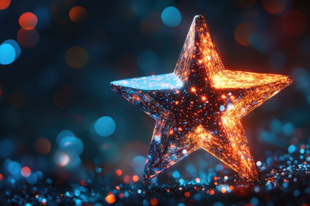 Orange fiber optic star glowing on blue and orange glitter with a colorful bokeh background creates a festive atmosphereの素材