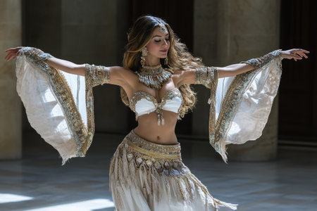 Professional belly dancer performing a captivating dance routine in an elegant white and gold costume, showcasing her talent and artistryの素材