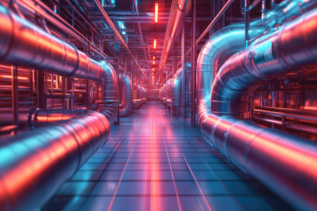 Metallic pipes stretching along a futuristic corridor, illuminated by vibrant neon lights, creating a striking industrial sceneの素材