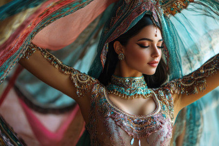 Bollywood dancer wearing traditional Indian clothing performing a dance with colorful veilの素材