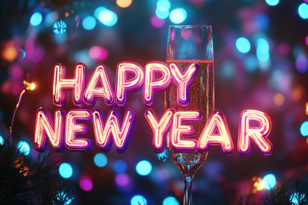 Celebrating new year's eve with a vibrant neon sign, a glass of champagne, and colorful bokeh lights creating a festive atmosphereの素材