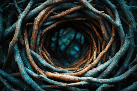 Intriguing composition of woven branches forming a tunnel, revealing a glimpse into a mysterious forest, evoking a sense of wonder and adventureの素材