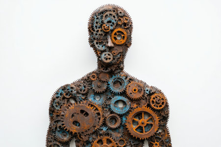 Interlocking rusty gears creating the silhouette of a human body, symbolizing the concept of interconnectedness and industryの素材