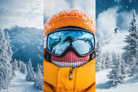 Snowy mountain peaks reflecting in skier's goggles create stunning winter sports collageの素材