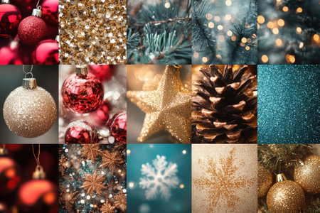 Festive Christmas collage showcasing various decorations in gold, red, and teal, perfect for holiday projectsの素材