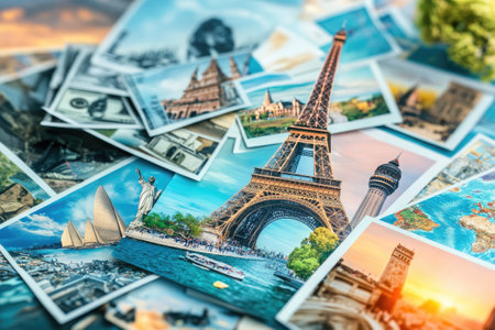 Printed photographs of popular travel destinations and landmarks create a wanderlust inspiring imageの素材