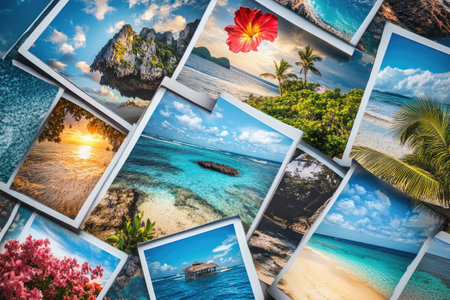 Multiple photographs showing exotic destinations with turquoise water, white sand beaches, palm trees, and tropical flowersの素材
