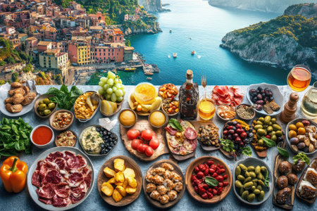 Table showcasing a rich spread of Italian antipasto delicacies, set against the stunning backdrop of Manarola village and the Ligurian seaの素材