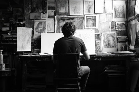 Male artist working on new artwork in his studio, surrounded by inspirationの素材
