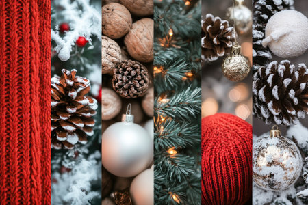 Christmas collage showing red knitted texture, snow covered pine cones, walnuts, fir tree, christmas balls and lights, celebrating christmas holidaysの素材