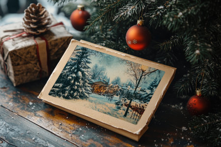 Vintage christmas card showing snowy winter park with a street lamp laying on a wooden table under decorated christmas tree next to wrapped gift during christmas holidaysの素材