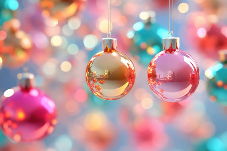 Colorful Christmas balls are hanging, reflecting beautiful bokeh lights, creating a festive atmosphereの素材