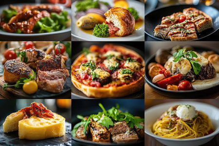 Food collage presenting a variety of gourmet dishes, including pizza, pasta, steak, and saladの素材