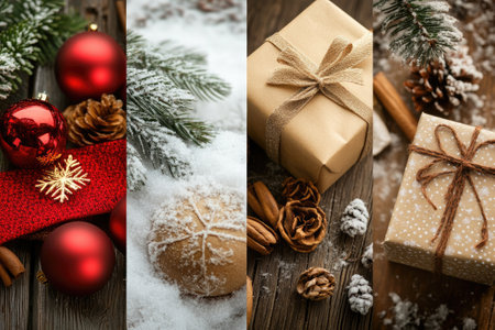 Christmas greeting card with red balls, fir branch, gift boxes, pinecones and snow on wooden backgroundの素材