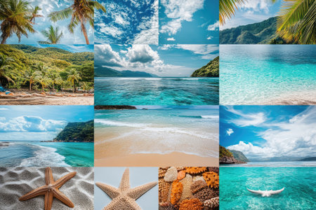 Collage of tropical beach photos featuring palm trees, seashells, starfish, turquoise water, and sandy shoresの素材