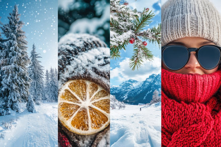 Winter collage showing snowy forest, dried orange slice, snowy mountain landscape and woman bundled up in winter clothesの素材