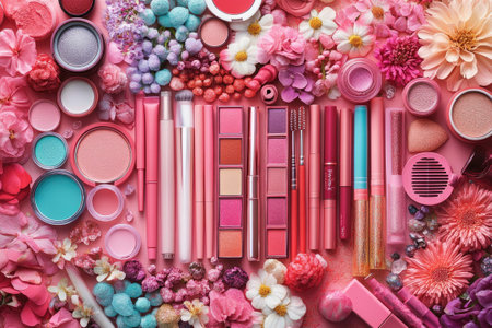 Pink and turquoise makeup products arranged with flowers on a pink background, creating a vibrant flat lay for beauty and cosmetics conceptsの素材