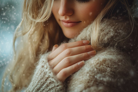 Blonde woman wearing a cozy wool sweater, embracing warmth during snowfall, enjoying winter moodの素材