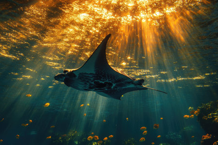 Majestic manta ray glides gracefully through the ocean, illuminated by golden sunbeams piercing the surfaceの素材