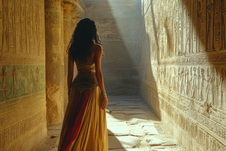 Egyptian princess walking through an ancient temple corridorの素材