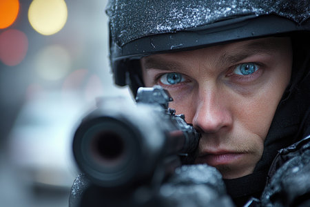 Soldier wearing tactical helmet and gloves aiming with an assault rifle in a snowy urban environmentの素材
