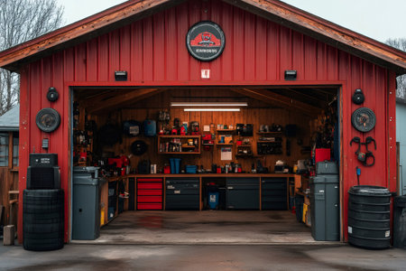 Wide open red garage door revealing a tidy workbench, tools, shelves, and equipment insideの素材