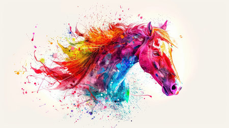 A beautiful horse head rendered in an explosion of vibrant colors and dynamic brushstrokes, evoking energy and motion.の素材
