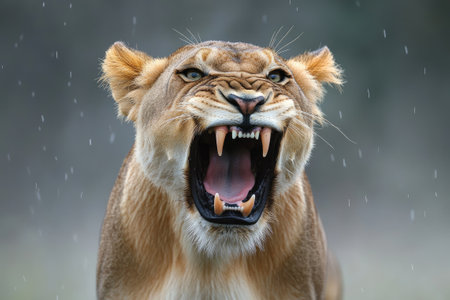 Close-up of a lioness roaring, showing teeth, under a light rainの素材