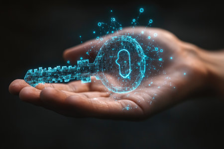 Hand holding glowing digital key, representing cybersecurity, data protection, and access control in the digital ageの素材
