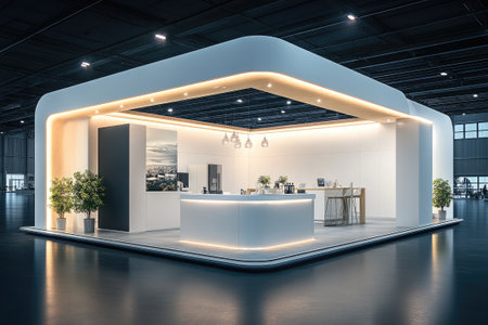 Contemporary exhibition booth showcasing smart kitchen appliances, illuminated by warm lighting, within a large, modern venueの素材