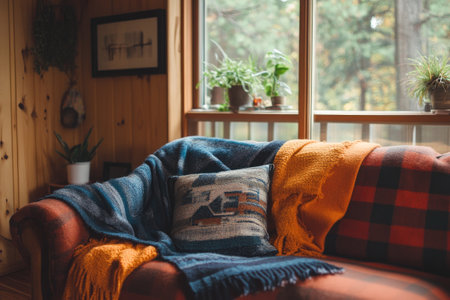 Cozy scene of a sofa with warm blankets and cushions in a wooden cabin, perfect for relaxing on a chilly autumn dayの素材