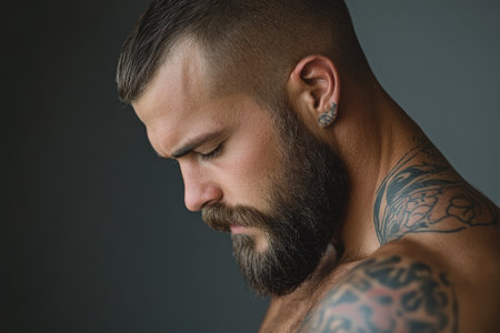 Close-up of a bearded man with tattoos looking down, expressing sadness and depressionの素材