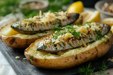 Two baked potatoes topped with grilled fish, parmesan cheese, and fresh dill, creating a flavorful and nutritious dishの素材
