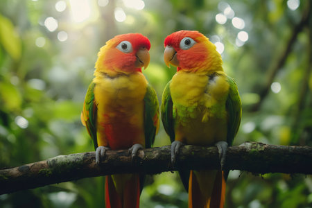 Two vibrant parrots perched on a branch, showcasing their colorful plumage amidst a backdrop of lush green foliageの素材