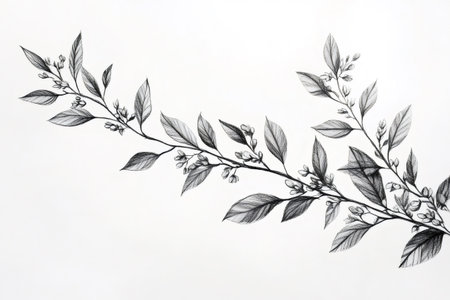 Detailed pencil drawing showcasing the beauty of nature with delicate leaves and flowers on a branchの素材