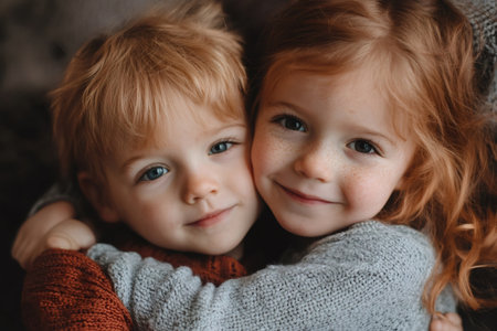 Two young redhead children are hugging and smiling, showing brotherly and sisterly loveの素材